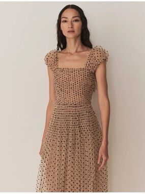 Doen Pamelina Nude Tulle Dress with flocked Black Polka Dots
